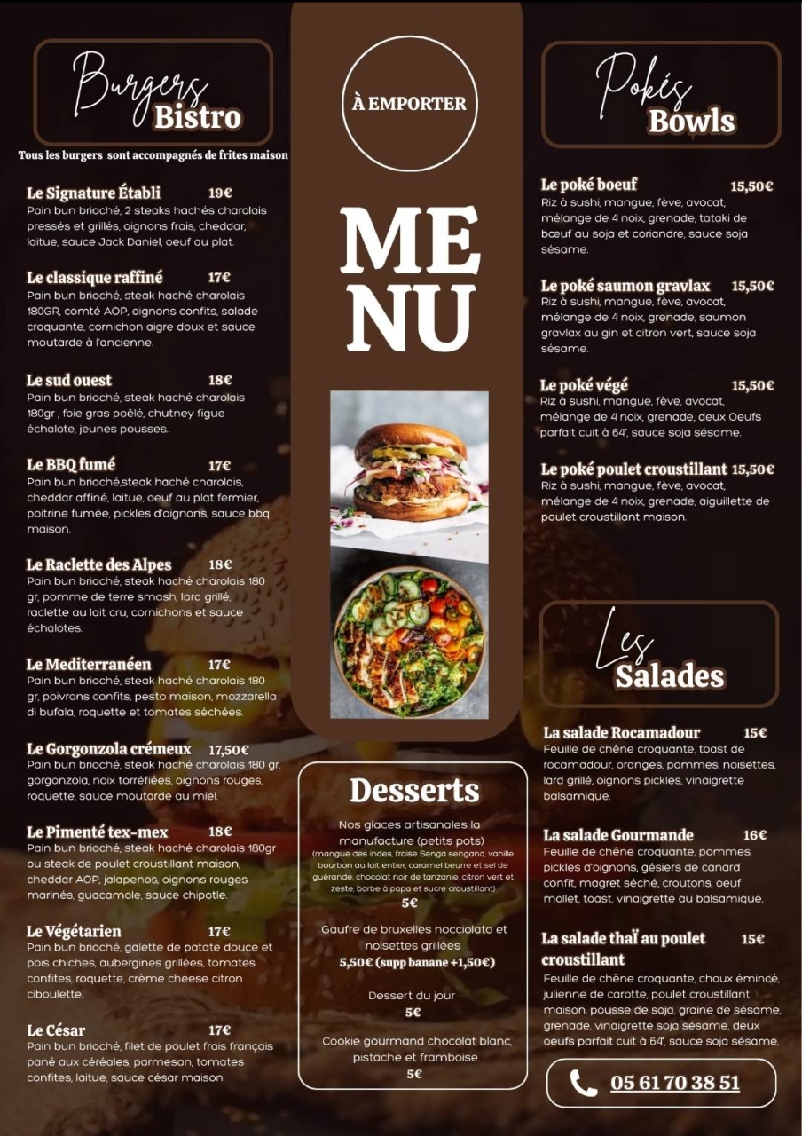 Carte à emporter - L'Etabli - restaurant BOULOC - restaurant Français BOULOC